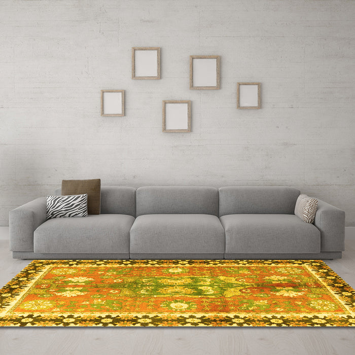 Machine Washable Persian Yellow Traditional Rug in a Living Room, wshtr4074yw