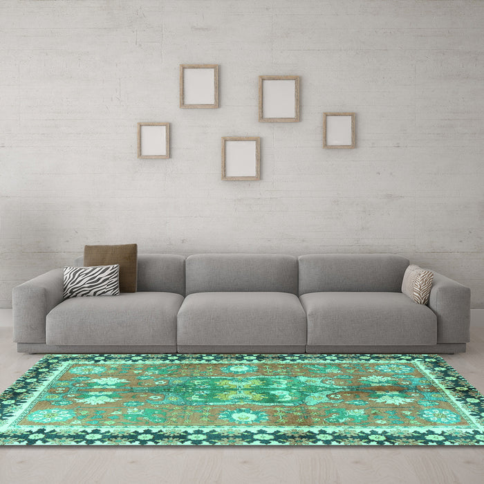 Machine Washable Persian Turquoise Traditional Area Rugs in a Living Room,, wshtr4074turq