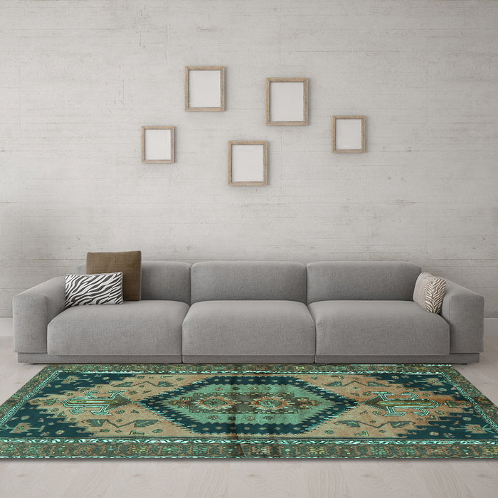 Machine Washable Persian Turquoise Traditional Area Rugs in a Living Room,, wshtr4075turq
