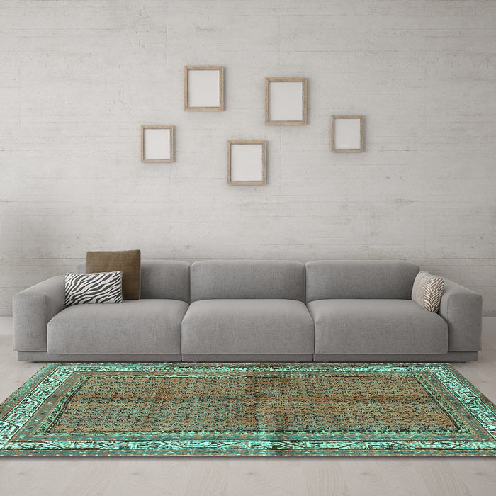 Machine Washable Persian Turquoise Traditional Area Rugs in a Living Room,, wshtr4076turq
