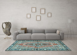 Machine Washable Medallion Light Blue Traditional Rug in a Living Room, wshtr4077lblu