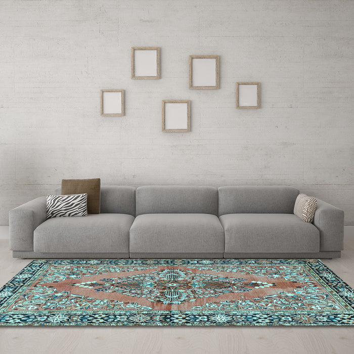 Machine Washable Medallion Light Blue Traditional Rug in a Living Room, wshtr4077lblu