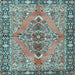 Square Machine Washable Medallion Light Blue Traditional Rug, wshtr4077lblu