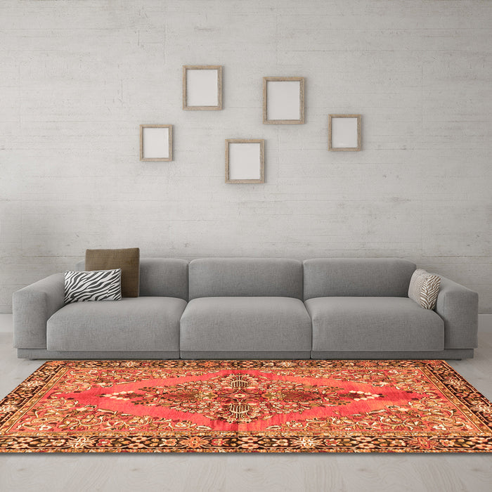 Machine Washable Medallion Orange Traditional Area Rugs in a Living Room, wshtr4077org
