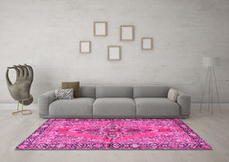 Machine Washable Medallion Pink Traditional Rug in a Living Room, wshtr4077pnk