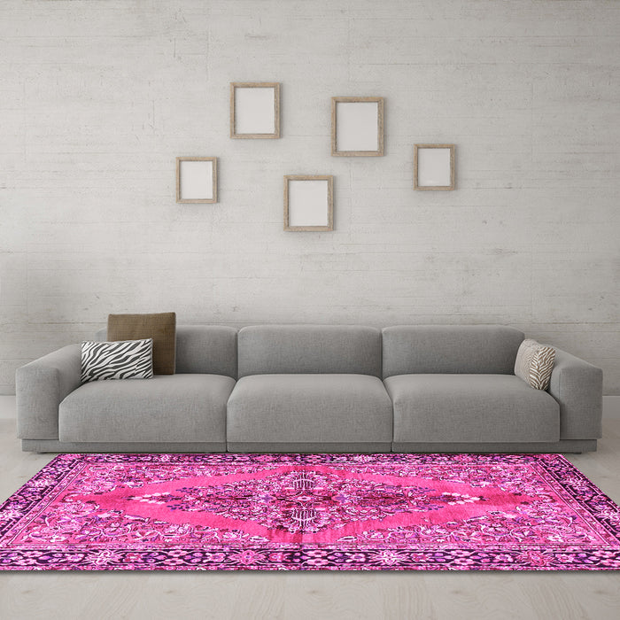 Machine Washable Medallion Pink Traditional Rug in a Living Room, wshtr4077pnk