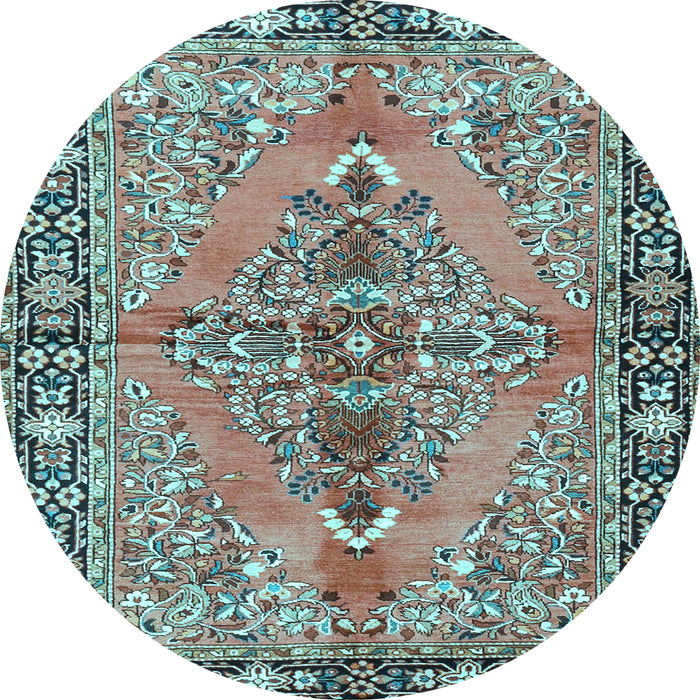 Round Machine Washable Medallion Light Blue Traditional Rug, wshtr4077lblu