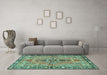 Machine Washable Medallion Turquoise Traditional Area Rugs in a Living Room,, wshtr4077turq