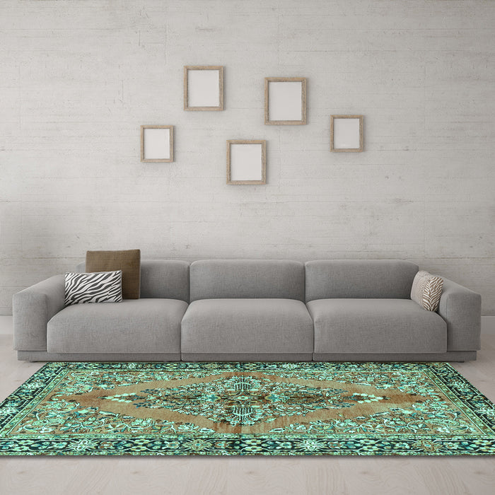 Machine Washable Medallion Turquoise Traditional Area Rugs in a Living Room,, wshtr4077turq