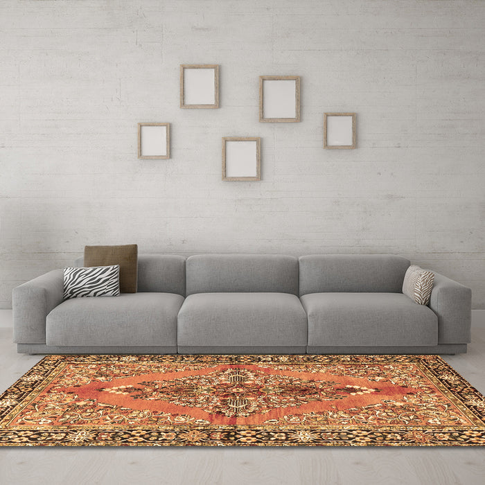 Machine Washable Medallion Brown Traditional Rug in a Living Room,, wshtr4077brn