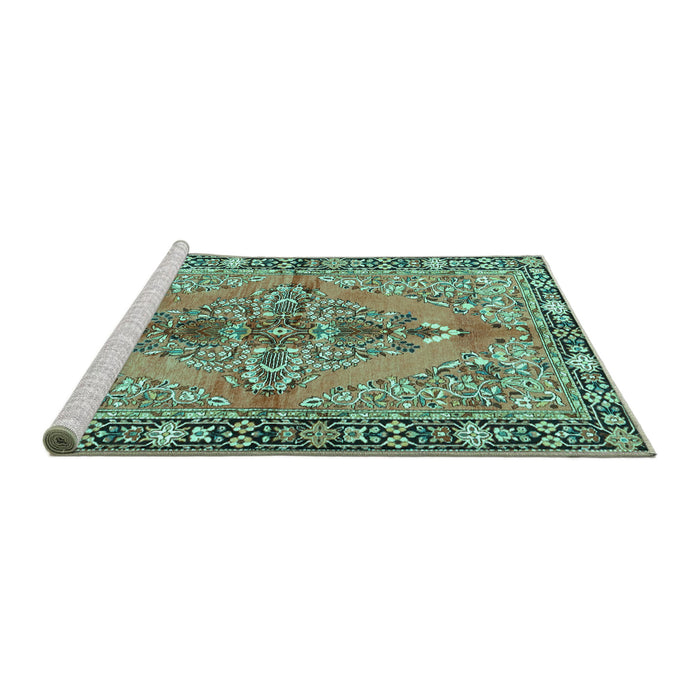 Sideview of Machine Washable Medallion Turquoise Traditional Area Rugs, wshtr4077turq