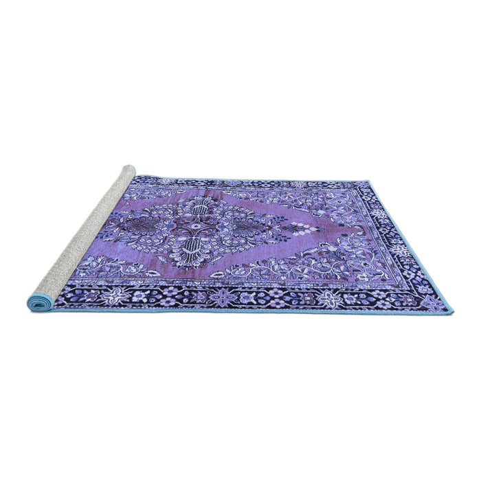 Sideview of Machine Washable Medallion Blue Traditional Rug, wshtr4077blu