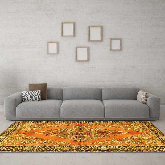 Machine Washable Medallion Yellow Traditional Rug in a Living Room, wshtr4077yw
