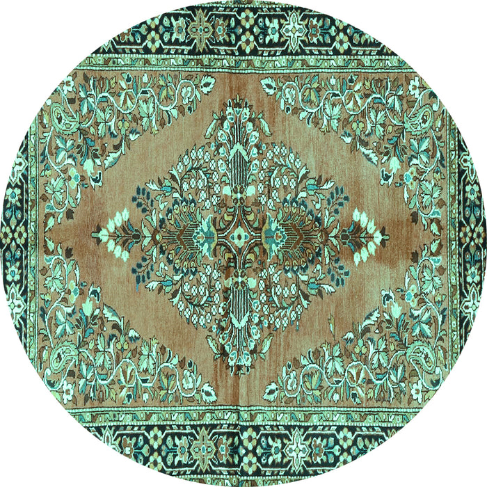 Round Machine Washable Medallion Turquoise Traditional Area Rugs, wshtr4077turq