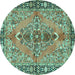 Round Machine Washable Medallion Turquoise Traditional Area Rugs, wshtr4077turq