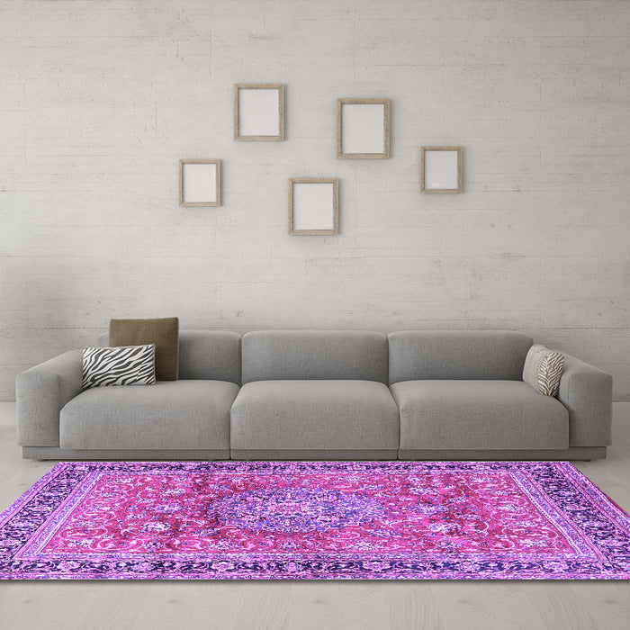 Machine Washable Medallion Purple Traditional Area Rugs in a Living Room, wshtr4078pur