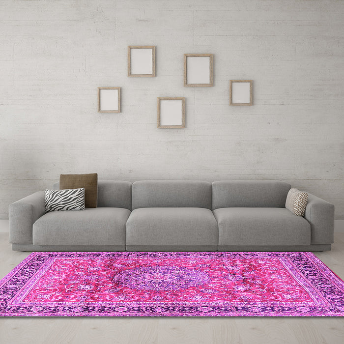 Machine Washable Medallion Pink Traditional Rug in a Living Room, wshtr4078pnk