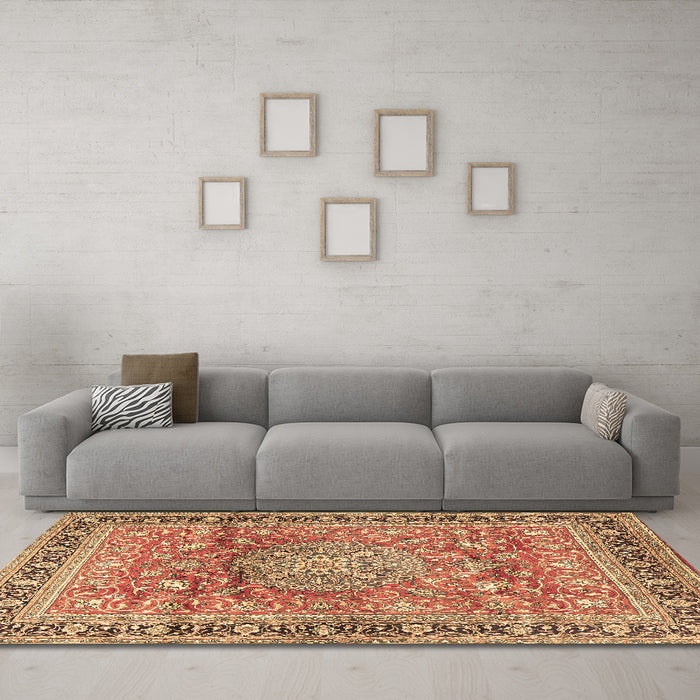 Machine Washable Medallion Brown Traditional Rug in a Living Room,, wshtr4078brn