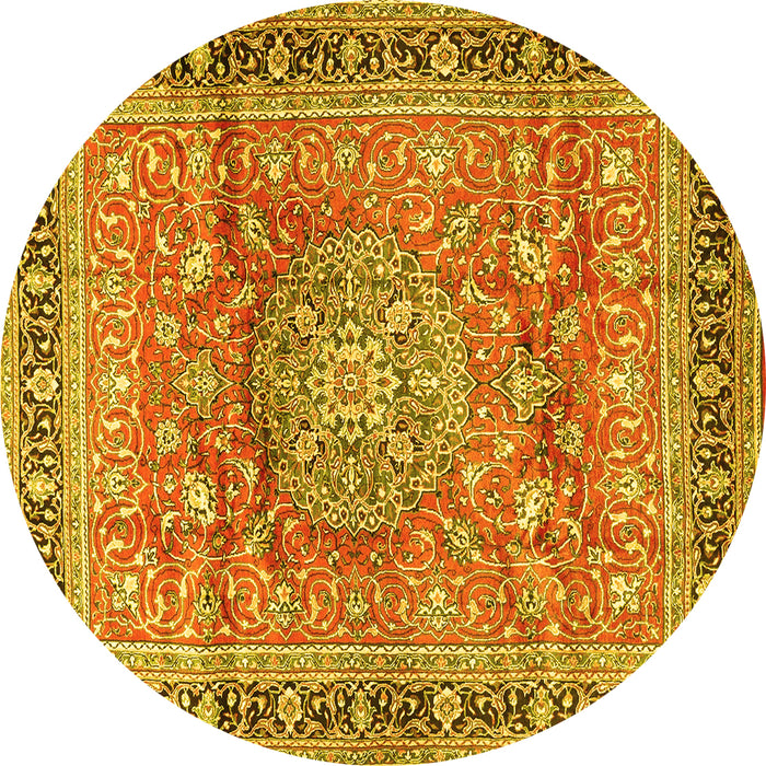 Round Machine Washable Medallion Yellow Traditional Rug, wshtr4078yw