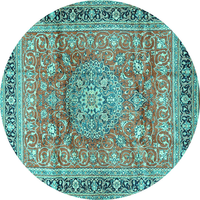 Round Machine Washable Medallion Turquoise Traditional Area Rugs, wshtr4078turq