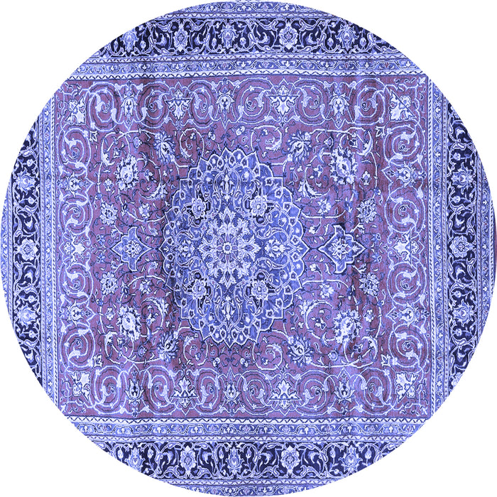 Round Machine Washable Medallion Blue Traditional Rug, wshtr4078blu