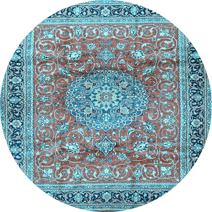 Round Machine Washable Medallion Light Blue Traditional Rug, wshtr4078lblu