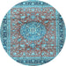 Round Machine Washable Medallion Light Blue Traditional Rug, wshtr4078lblu