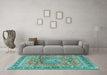 Machine Washable Medallion Turquoise Traditional Area Rugs in a Living Room,, wshtr4078turq