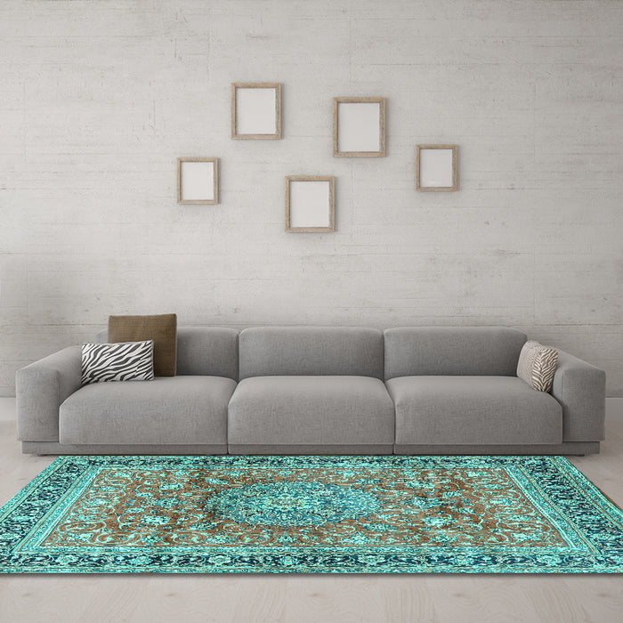 Machine Washable Medallion Turquoise Traditional Area Rugs in a Living Room,, wshtr4078turq
