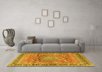 Machine Washable Medallion Yellow Traditional Rug, wshtr4078yw