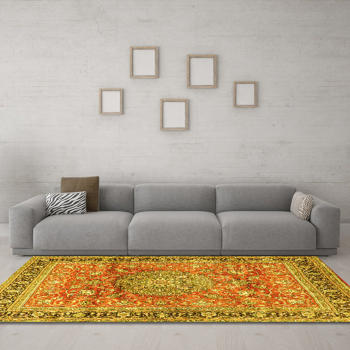 Machine Washable Medallion Yellow Traditional Rug in a Living Room, wshtr4078yw