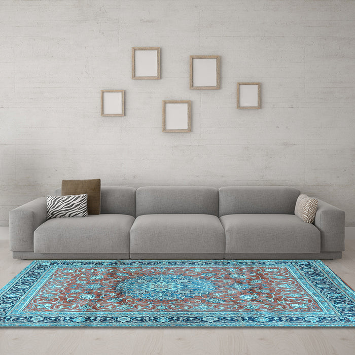 Machine Washable Medallion Light Blue Traditional Rug in a Living Room, wshtr4078lblu