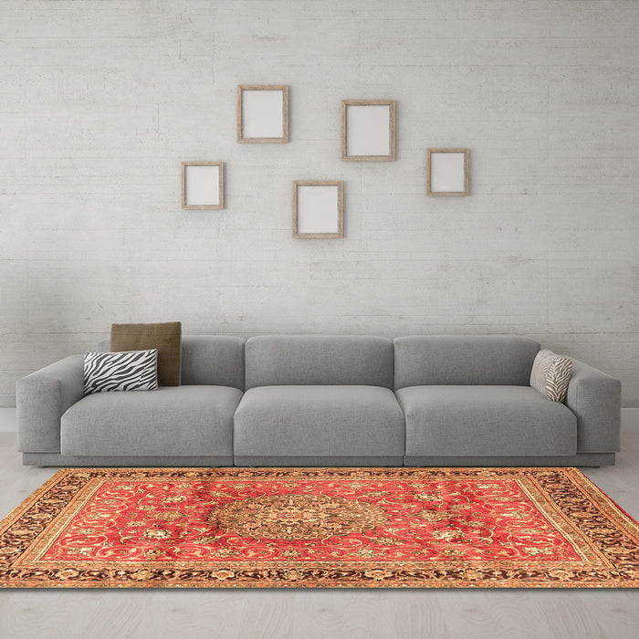 Machine Washable Medallion Orange Traditional Area Rugs in a Living Room, wshtr4078org