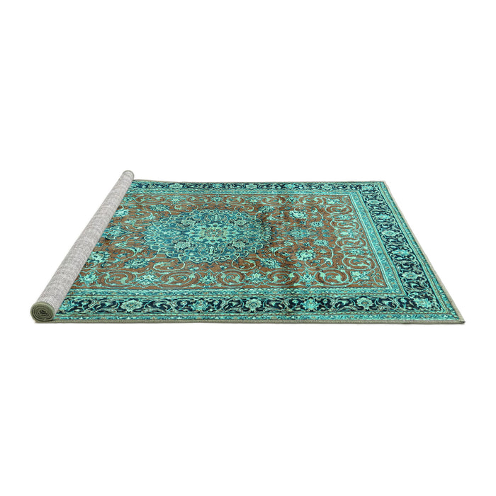 Sideview of Machine Washable Medallion Turquoise Traditional Area Rugs, wshtr4078turq