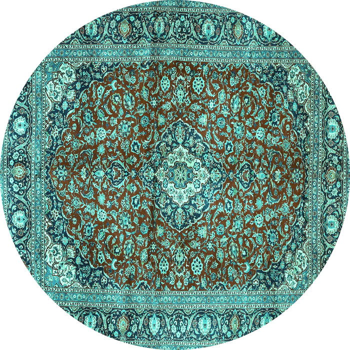 Round Machine Washable Medallion Turquoise Traditional Area Rugs, wshtr4079turq