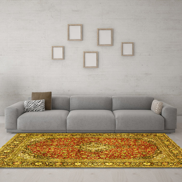 Machine Washable Medallion Yellow Traditional Rug in a Living Room, wshtr4079yw