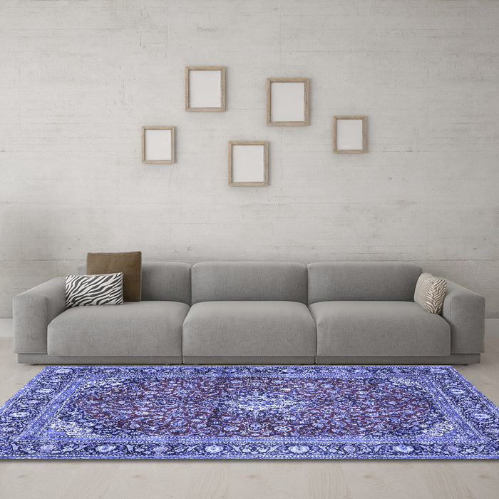 Machine Washable Medallion Blue Traditional Rug in a Living Room, wshtr4079blu