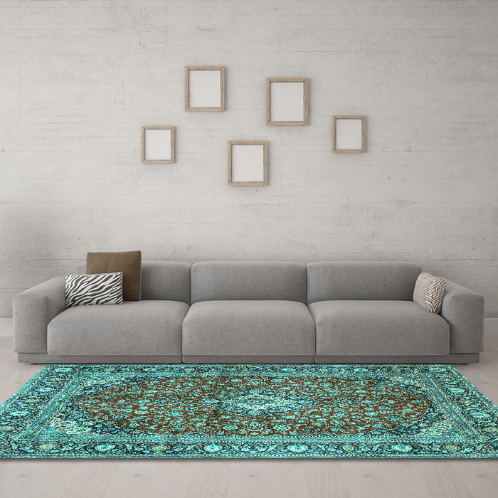 Machine Washable Medallion Turquoise Traditional Area Rugs in a Living Room,, wshtr4079turq