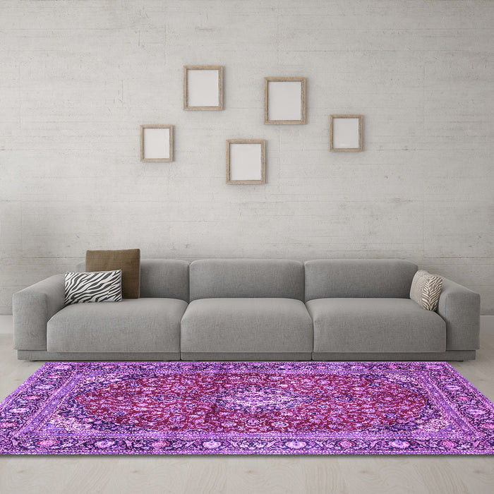 Machine Washable Medallion Purple Traditional Area Rugs in a Living Room, wshtr4079pur