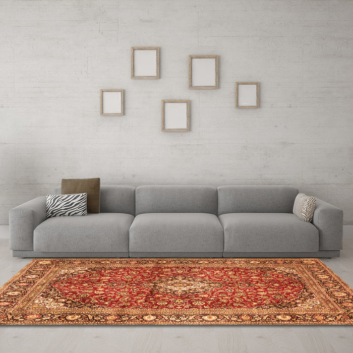Machine Washable Medallion Orange Traditional Area Rugs in a Living Room, wshtr4079org