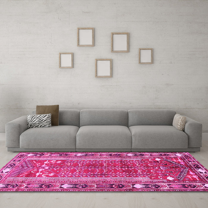 Machine Washable Persian Pink Traditional Rug in a Living Room, wshtr407pnk