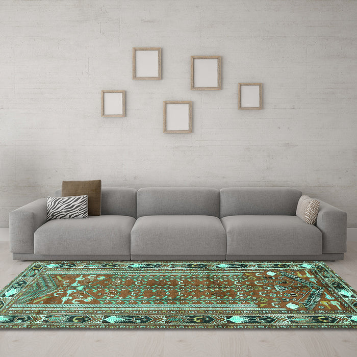 Machine Washable Persian Turquoise Traditional Area Rugs in a Living Room,, wshtr407turq