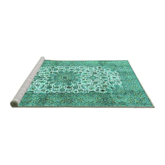 Sideview of Machine Washable Persian Turquoise Traditional Area Rugs, wshtr4080turq