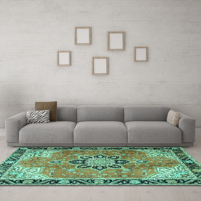Machine Washable Persian Turquoise Traditional Area Rugs in a Living Room,, wshtr4081turq