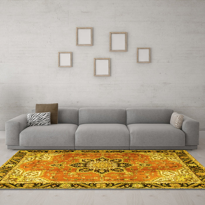 Machine Washable Persian Yellow Traditional Rug in a Living Room, wshtr4081yw