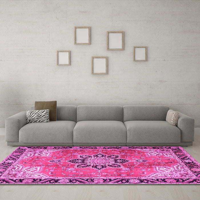 Machine Washable Persian Pink Traditional Rug in a Living Room, wshtr4081pnk