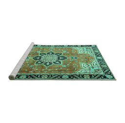 Sideview of Machine Washable Persian Turquoise Traditional Area Rugs, wshtr4081turq