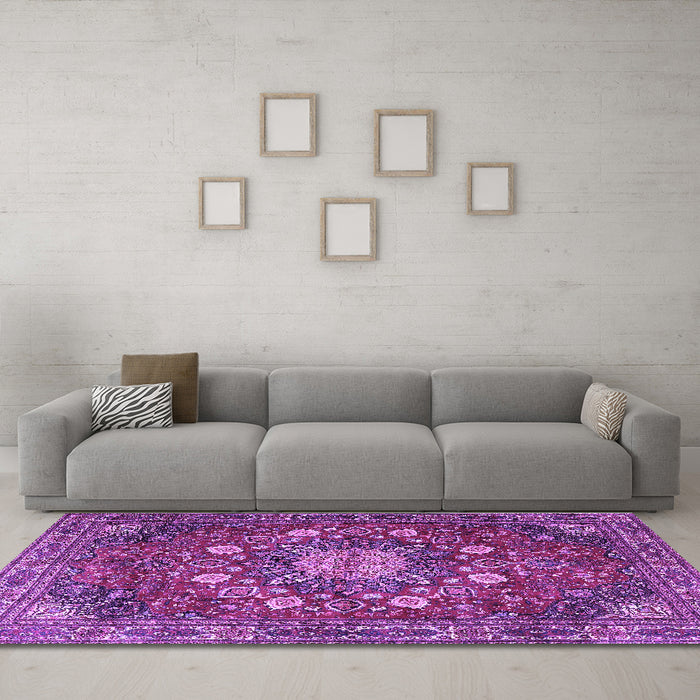 Machine Washable Medallion Purple Traditional Area Rugs in a Living Room, wshtr4083pur