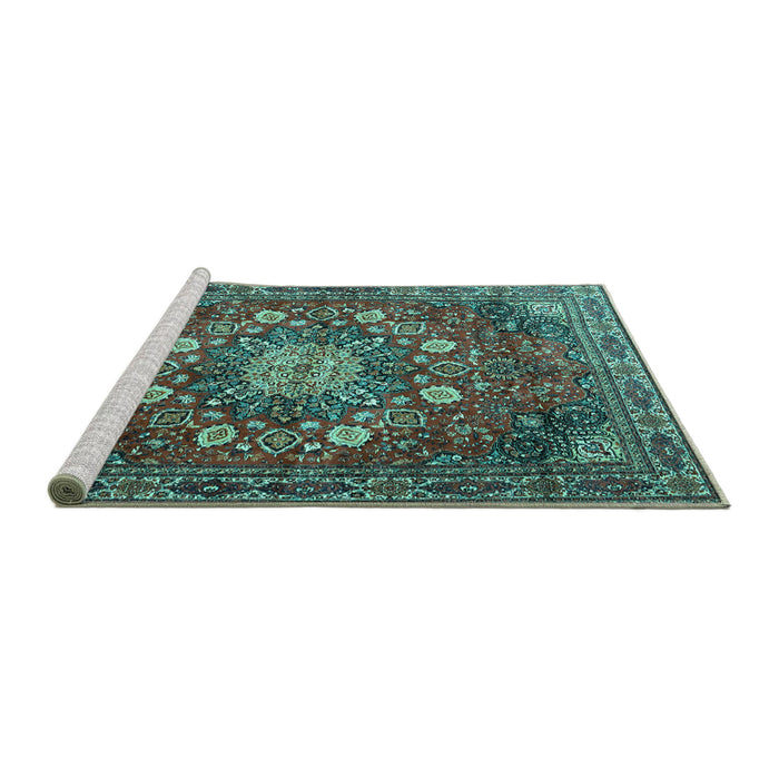 Sideview of Machine Washable Medallion Turquoise Traditional Area Rugs, wshtr4083turq