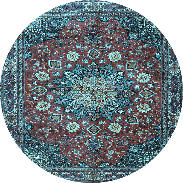Round Machine Washable Medallion Light Blue Traditional Rug, wshtr4083lblu